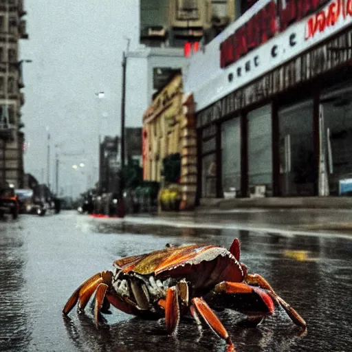 Prompt: Giant crab housed hd masterpiece lensraiblur rainy moody cityscene with crabs in trenchcoats, national geographic, instagram, High quality award winning photography by Netflix. This city once used to be my home, now its a crabtown where trenchcoats come a dime a dozen.