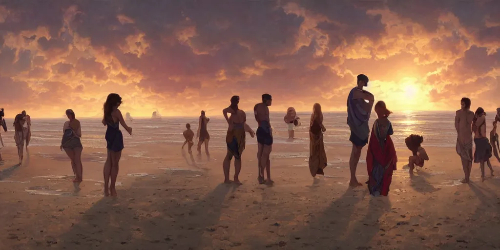 Image similar to a group of people watching sunset on a beach with a close planet's surface covering most of the sky, intricate, highly detailed, digital painting, trending on artstation, concept art, smooth, illustration, cinematic lighting, art by artgerm and greg rutkowski and alphonse mucha