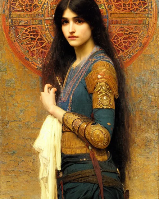 Prompt: time traveller orientalist intricate portrait by john william waterhouse and edwin longsden long and theodore ralli and nasreddine dinet, oil on canvas. cinematic, hyper realism, dramatic lighting, high detail 8 k