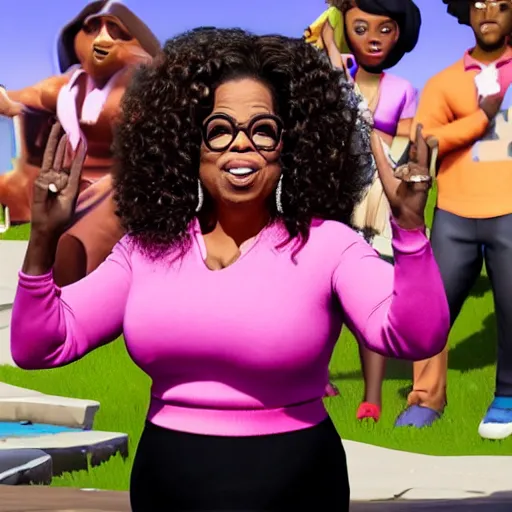 Prompt: oprah winfrey in fortnite doing the gangnam style dance