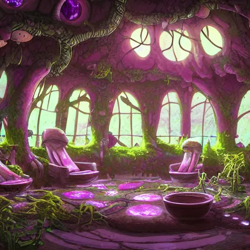 Prompt: concept art painting of a interior of a cozy alien fantasy cottage made of mushrooms and fungus, circular windows, with black vines and magenta houseplants, realistic, detailed, cel shaded, dark, in the style of makoto shinkai and greg rutkowski and james gurney