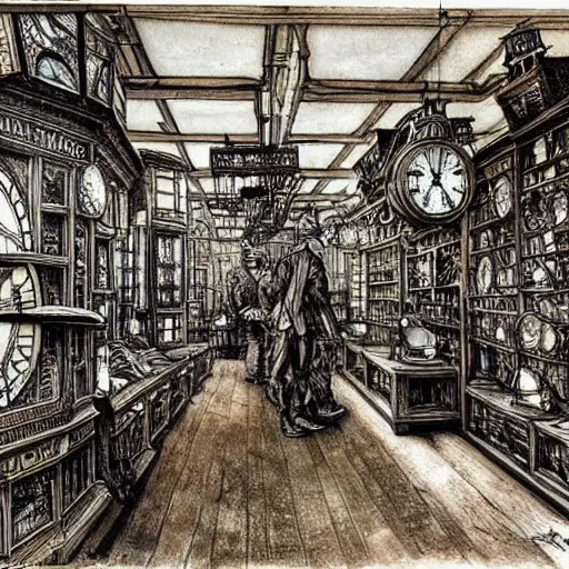 Prompt: interior of a steampunk clock shop, father time, wooden grandfather clocks everywhere, realistic, very intricate hyper detailed masterpiece by arthur rackham