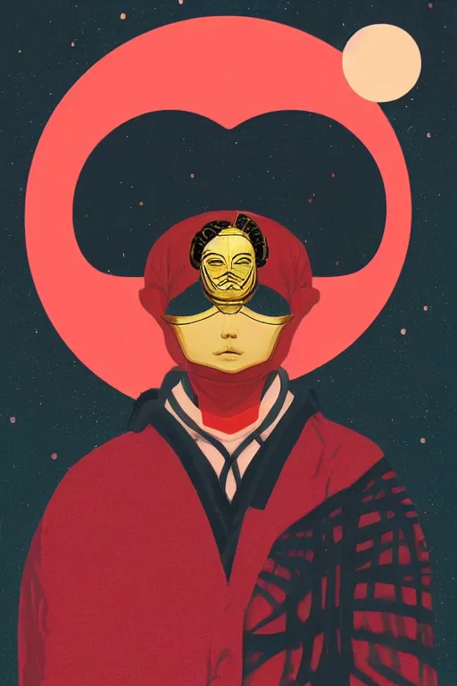 Prompt: portrait of a man with a mask on his face in the form of a spiral in a golden kimono, full face, against the background of a bright red moon, sad motif, by ilya kuvshinov, dramatic, soft colors, futuristic, 8 k