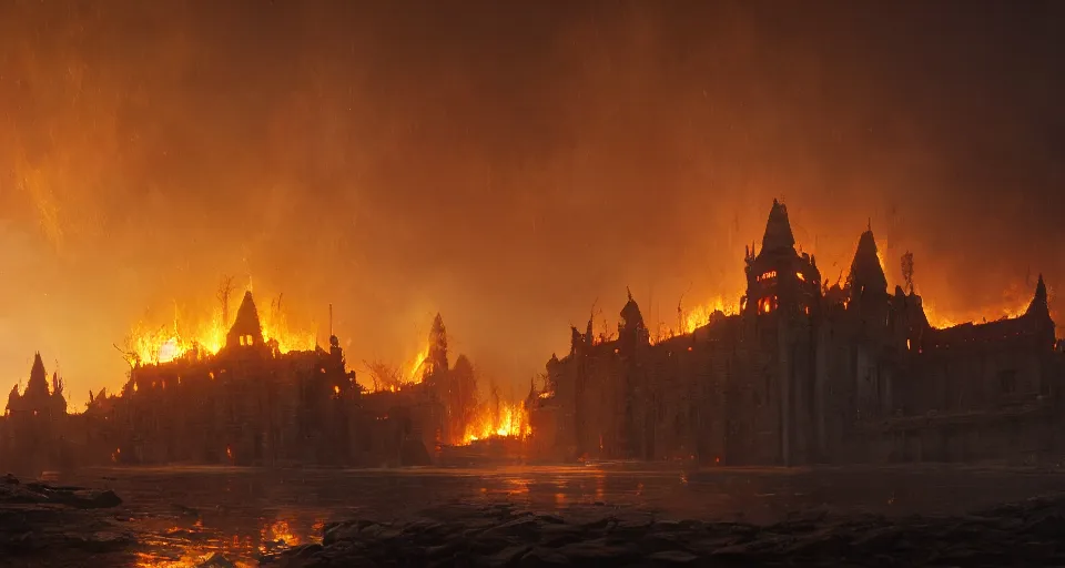 Image similar to landscape, A royal castle on fire, burning down, intense flames, dramatic lighting, cinematic, by WLOP, eddie mendoza, simon stålenhag, raphael lacoste, extremely high detail, photo realistic, cinematic lighting, post processed, concept art, trending on artstation, matte painting