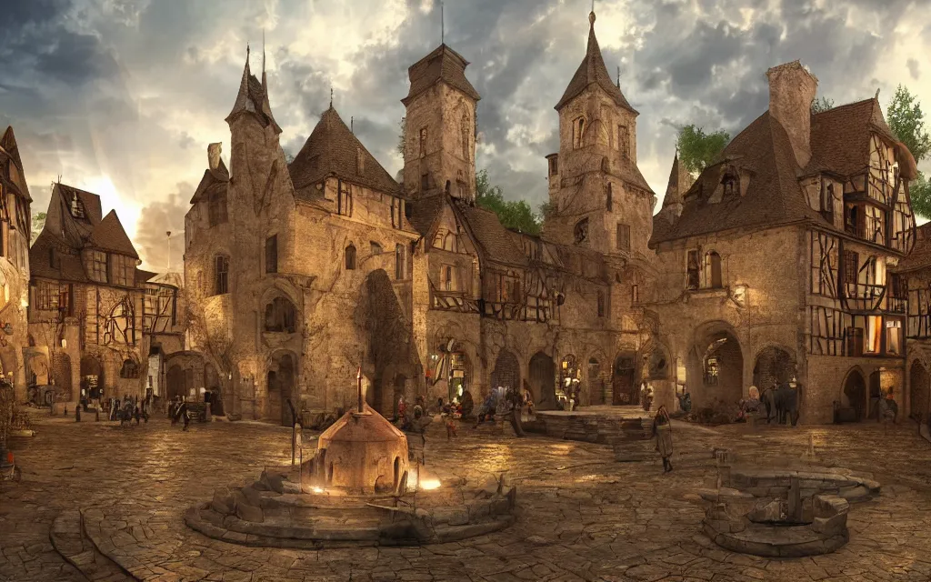 Image similar to at the square of a medieval french village, with a spaceship hovering, a well in the center, arches, orange light, highly detailed, cinematic lighting, render, fantasy