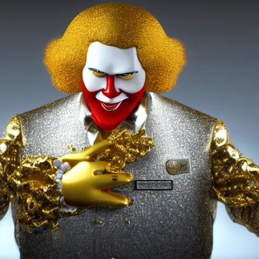 Image similar to A still of Ronald McDonald surrounded by gold and diamonds, Award-winning, photograph, 3d render, unreal engine, 4k detailed