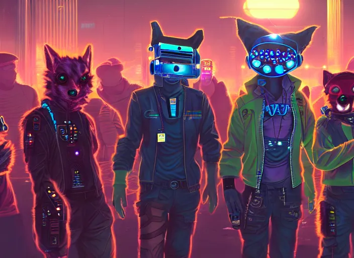 Image similar to high - resolution photograph from a cyberpunk era furry fandom convention ( midwest furfest 2 0 4 7 ), taking place after the genetic revolution and quantum singularity. photorealistic.