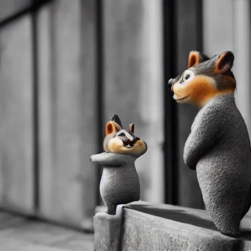 Image similar to two chipmunks, chip and dale, smoking cigarettes, brutalist plattenbau houses at background, cinematic lighting, rainy weather, melancholy atmosphere, volumetric light, gothic architecture, realistic reflections, model agency, instagram photo, depression atmosphere, shot on sony a 6 4 0 0 camera, beauty filter, postprocessing