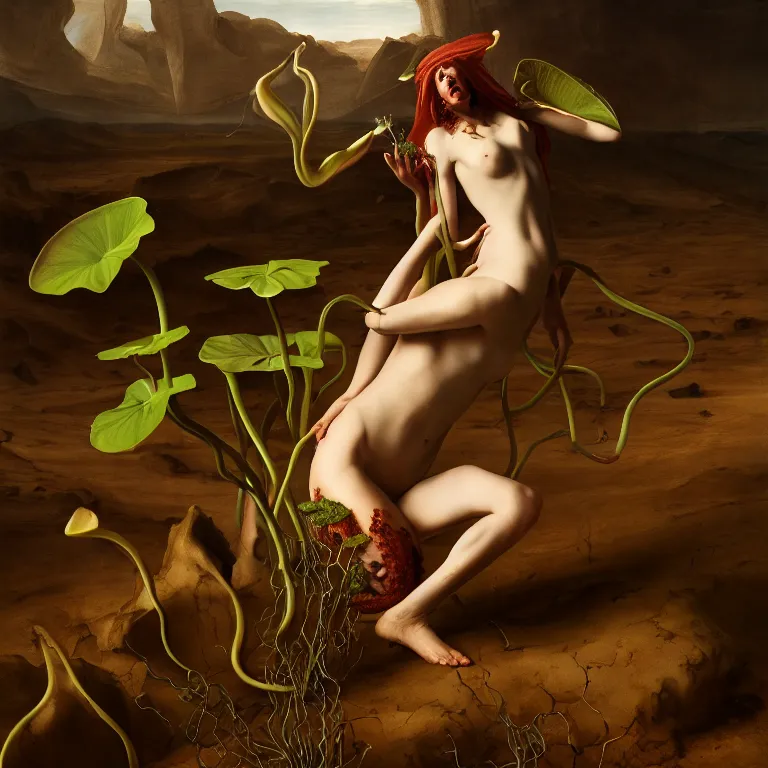 Prompt: carnivorous plant eating young white woman, in desert, dune, baroque painting, beautiful detailed intricate insanely detailed octane render trending on Artstation, 8K artistic photography, photorealistic, chiaroscuro, Raphael, Caravaggio