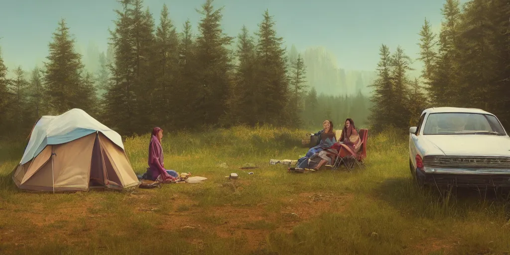 Image similar to two women camping, looking out of a car window, elegant scene, low angle, wide angle, indian forest, wide angle, cinematic, ultrarealistic, trending on artstation, cgsociety, highly detailed, color graded, rendered in unreal engine 4 k hq, matte painting, by simon stalenhag and hudson river school, horizon forbidden west