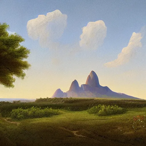 Image similar to a wide angle landscape of a prairie with a very large thin spire mountain in the distance, in the style of rococo, digital painting