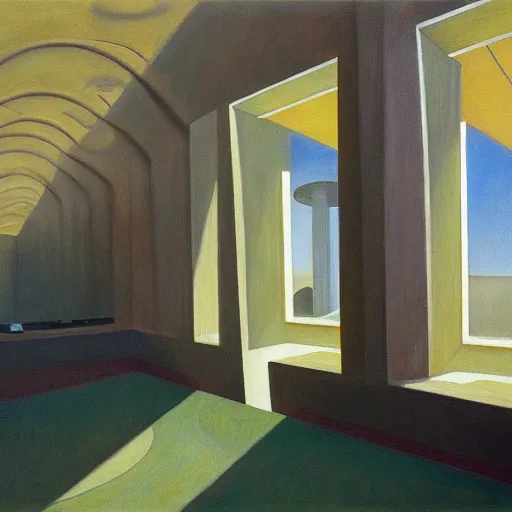 Image similar to first person view of a stark concrete maze, people peering into portholes, grant wood, pj crook, edward hopper, oil on canvas