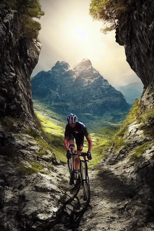 Image similar to A epic view of a cyclist looking at the greatest mountain bike trail ever, dramatic lighting, cinematic, establishing shot, extremely high detail, foto realistic, cinematic lighting, post processed, concept art, high details, cinematic, 8k resolution, beautiful detailed, photorealistic, digital painting, artstation, concept art, smooth, sharp focus, artstation trending, octane render, unreal engine