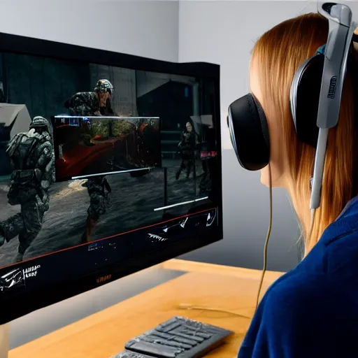 Prompt: view from behind from bed of a cute beautiful blonde woman wearing headset watching dual - monitors displaying call of duty and twitch, intricate detail, cinematic composition