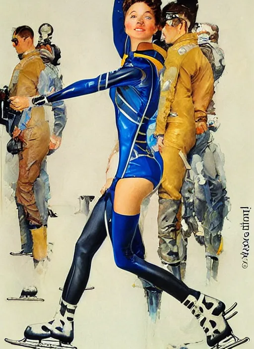 Prompt: copic maker art nouveau portrait of a high speed ice skater girl wearing an eva pilot suit designed by balenciaga by john berkey norman rockwell