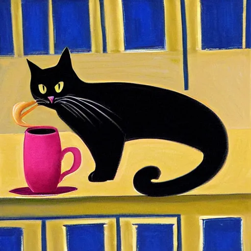 Image similar to a black cat drinking tea by tim jacobus