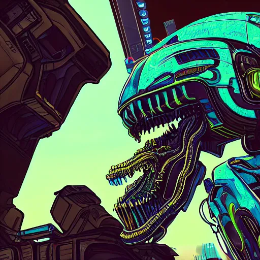 Prompt: beautiful detailed comic illustration, close-up portrait of a titan mecha dinosaur with a subaru impreza in its mouth, cyberpunk, neon