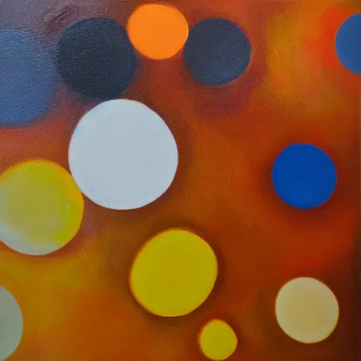 Image similar to white bubbles inside an orange, yellow, blue, abstract emulsion, oil on canvas