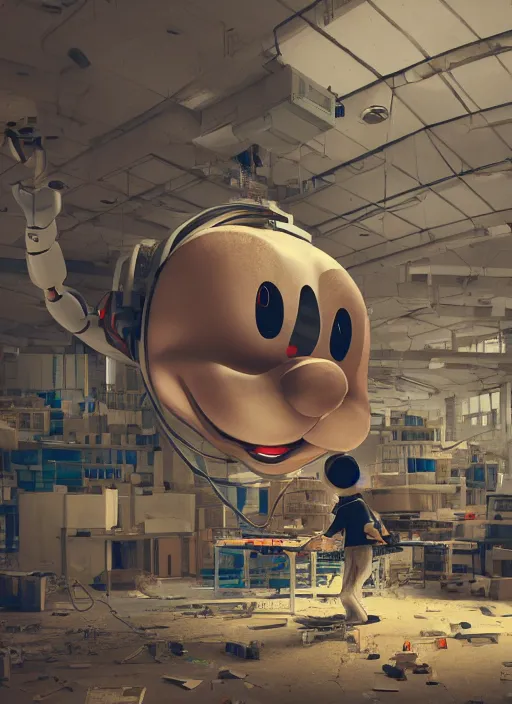 Image similar to engineers building giant head of robotic mickey mouse, inside of abandoned netflix office, by beeple, dystopia, golden ratio, octane render, redshift, trending on artstation, 8 k