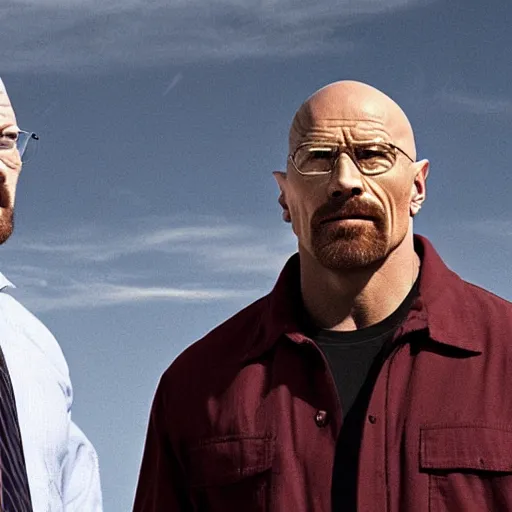 Image similar to Walter white working with Dwayne the rock johnson