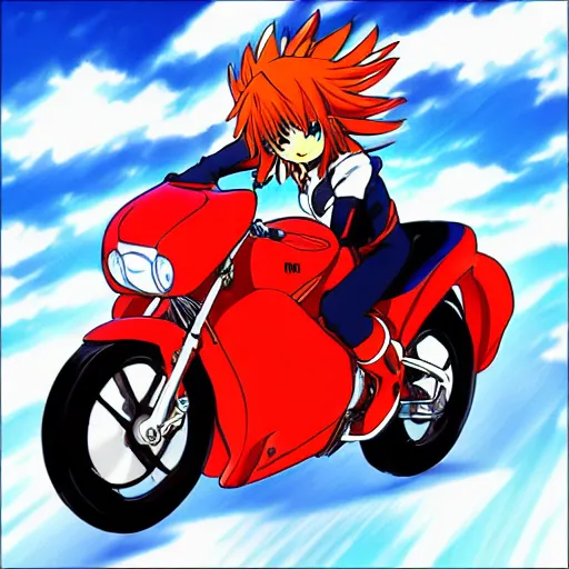 Prompt: asuka langley soryu driving a motorcycle, anime drawing