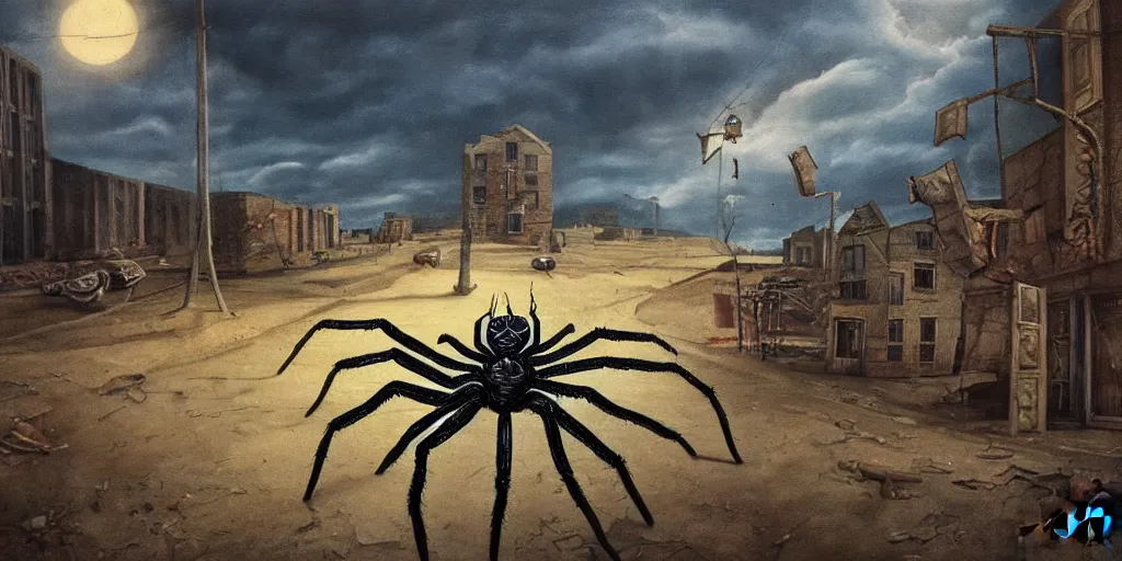 Image similar to surreal painting of giant spider walking through an abandoned town