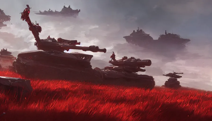 Image similar to red troops on a hill watching giant blue enemies tanks far in the distance shooting at them, hyperdetailed, artstation, cgsociety, 8 k