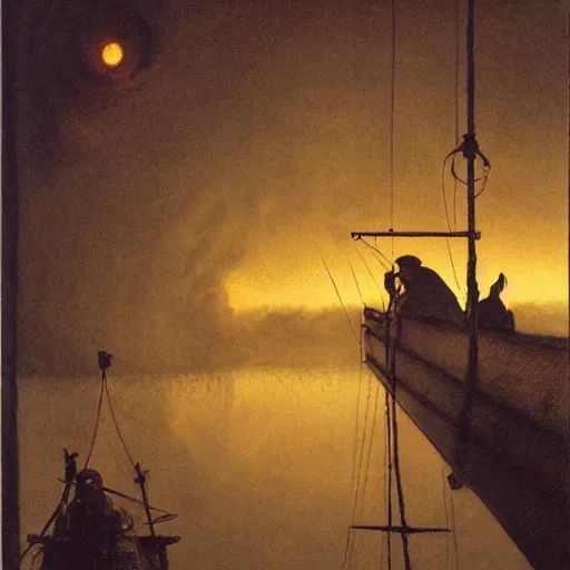 Image similar to night piracy, extremely detailed masterpiece, Roger Deakin’s cinematography, illustration, by Michael Sowa,