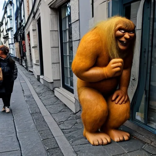 Prompt: Norwegian troll hanging out in Oslo street