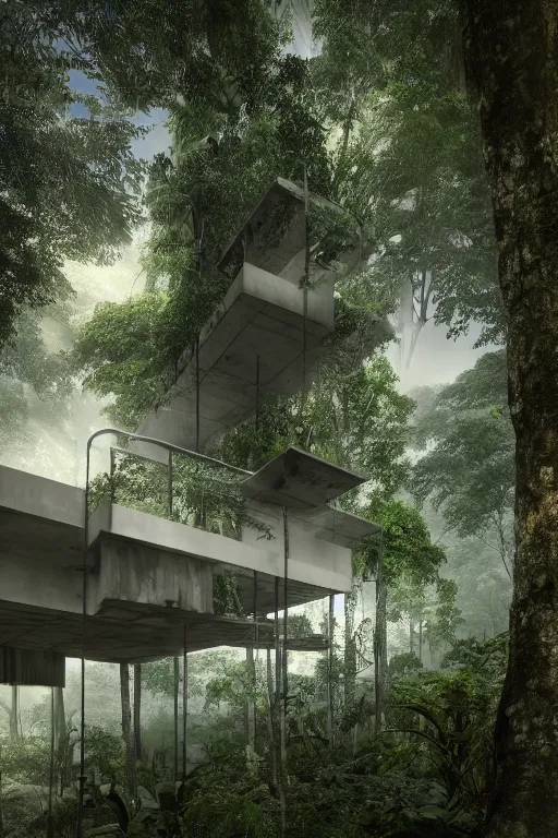 Image similar to architecture inspired by le corbusier in the rainforest. nature is taking over. upside down. metabolism. matte painting. octane render. hdr. volumetric lighting. global illumination. atmospheric.