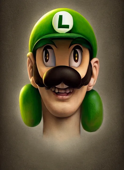 Image similar to hyper realistic, portrait of a mega derpy luigi by greg rutkowski, scott m fischer, artgerm, loish, slight glow, atmospheric, anne stokes, alexandros pyromallis