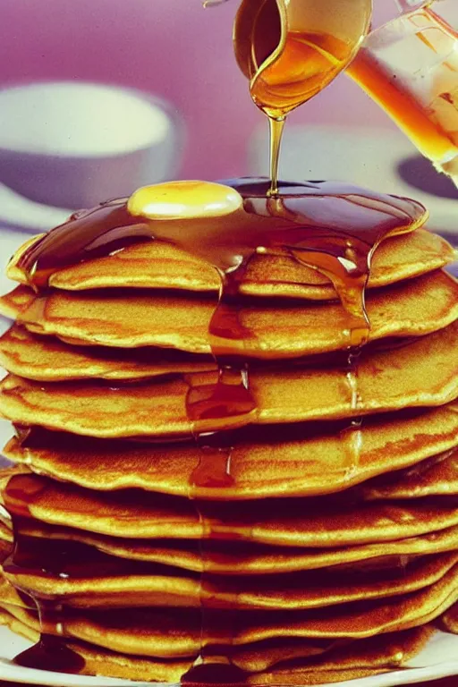 Image similar to a psychedelic stack of delicious pancakes smothered in maple syrup served in a 1 9 6 0's american diner