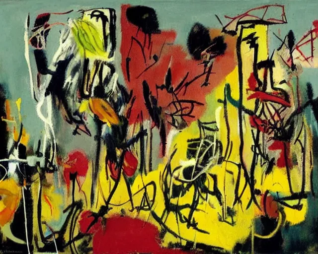 Image similar to painting of a flower field by graham sutherland, basquiat, greg rutkowski!!, neo - expressionism, muted colors!