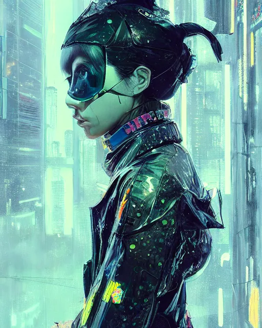 Image similar to detailed portrait witch, cyberpunk futuristic neon, reflective puffy coat, decorated with traditional Japanese ornaments by Ismail inceoglu dragan bibin hans thoma greg rutkowski Alexandros Pyromallis Nekro Rene Maritte Illustrated, Perfect face, fine details, realistic shaded, fine-face, pretty face