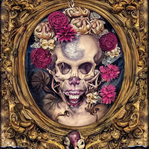 Image similar to a beautiful detailed front view baroque portrait of a rotten woman corpse becoming almost a skull with fractal plants and fractal flowers and mushrooms growing around, intricate, ornate, volumetric light, beautiful lit, polaroid photography