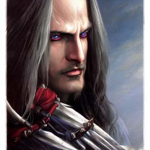 Image similar to alucard from castlevania as a realistic fantasy d & d character, close - up portrait art by donato giancola and greg rutkowski, realistic face, digital art, trending on artstation, 4 k