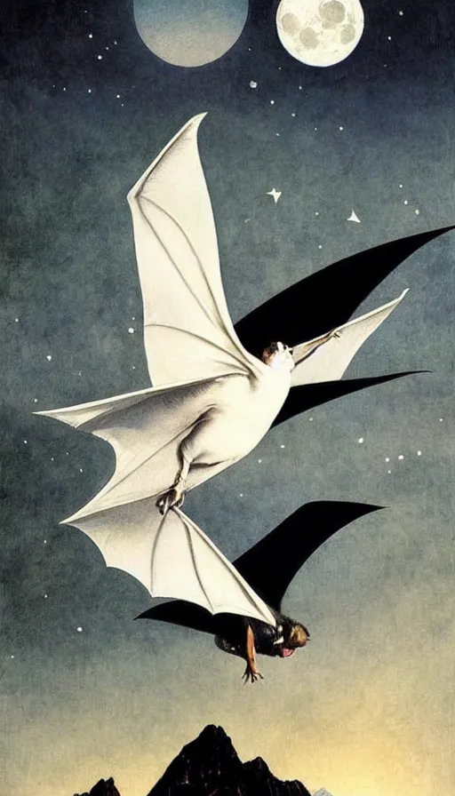 Image similar to a white bat, flying against a dark black night sky, mountain in the background, moonlight, denoised, very detailed, painted by, norman rockwell, tom bagshaw