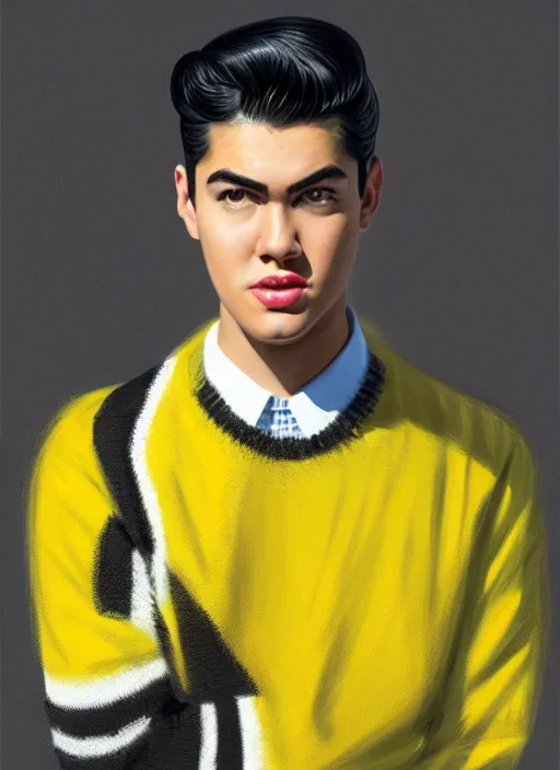 Image similar to portrait of young reggie mantle, mean smirk, egotistical, slicked back hair, striped yellow and black sweater, 1 9 5 0 s, intricate, elegant, glowing lights, highly detailed, digital painting, artstation, concept art, smooth, sharp focus, illustration, art by wlop, mars ravelo and greg rutkowski