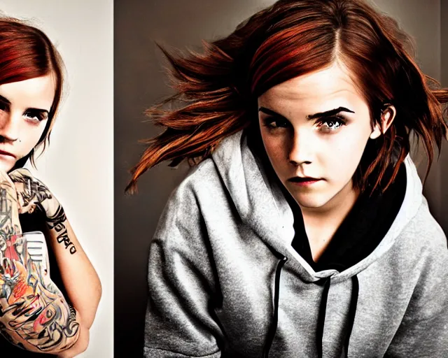 Prompt: color studio photo of a tom boy, young adult, tattoos, hoodie, emma watson, detailed