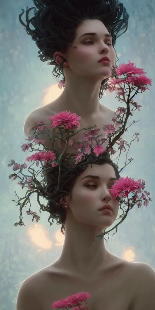 Image similar to surreal beautiful young woman, sitting with flowers, detailed gorgeous face turning into a tree, leaves, dark, ominous, sad eyes, vaporwave aesthetic, synthwave , digital painting, artstation, concept art, smooth, sharp focus, illustration, art by artgerm and greg rutkowski and alphonse mucha