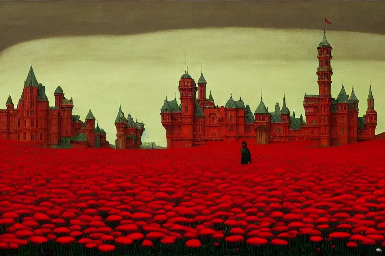 Image similar to only with red, red flowers of different types, red castle in background, red medieval big fat goblins, in the style of beksinski, parts by edward hopper, parts by rodcenko, parts by yue minjun, intricate and epic composition, red by caravaggio, insanely quality, highly detailed, masterpiece, red light, artstation, 4 k