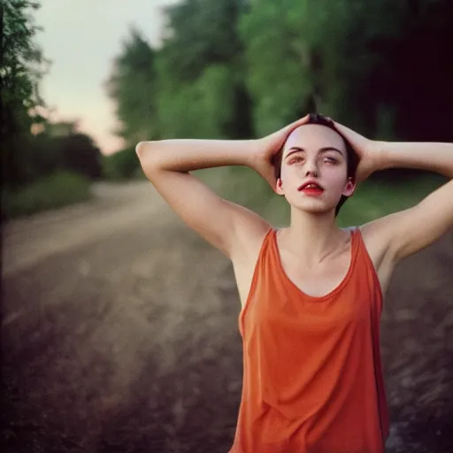 Image similar to razorfree beautiful young woman, short hair, tank top, arms raised above her head, cottagexore, portrait photography, portra 800