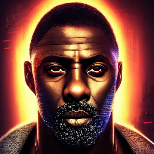 Image similar to idris elba portrait, dystopia core, apocalyptic, armor, warrior, dramatic, sharp focus, fiction, neon, fantasy, hyper detailed, digital art, trending in artstation, cinematic lighting, studio quality, smooth render, unreal engine 5 rendered, octane rendered, art style and nixeu and wlop and krenz cushart