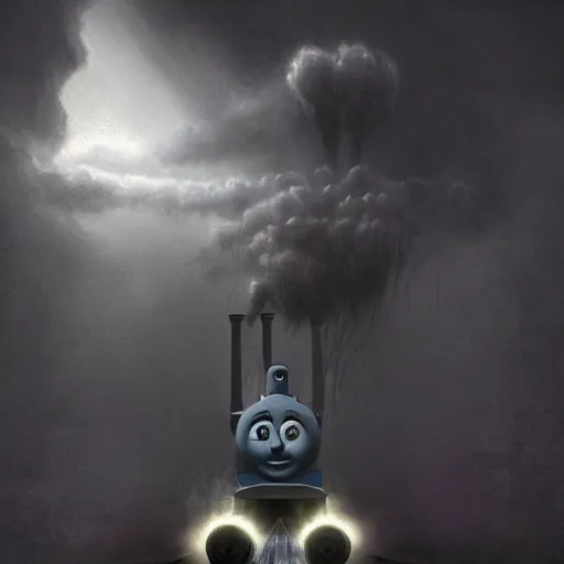 Image similar to thomas the tank engine in style of zdzisław beksinski, extremely dramatic lighting, 8 k, tendrils, black, darkness, body horror, thomas the train, thomas the tank engine face, horror,