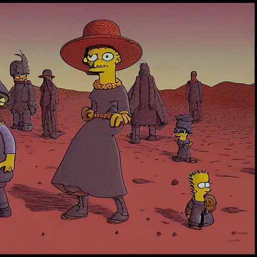 Image similar to the simpsons wandering the desert by moebius jean giraud