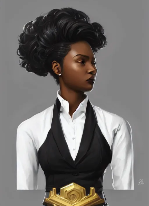 Prompt: detailed digital painting of beautiful black woman in corporate attire with natural hair on a white background, fanart behance trending on artstation, concept art, matte, sharp focus, illustration, super hero pose, hearthstone, art by artgerm and greg rutkowski and alphonse mucha