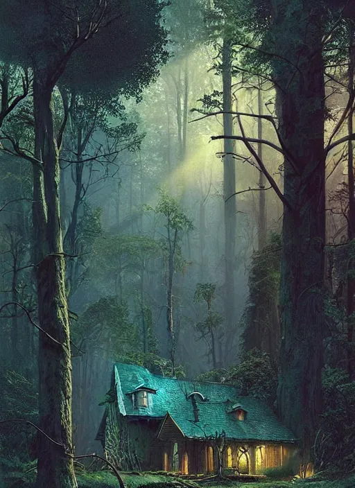 Image similar to hyper realistic witch cottage with mood lighting and technology in the woods gorgeous lighting, sunbeams blue sky, highly detailed, lush forest foliage painting by zdzisław beksinski and norman rockwell and greg rutkowski weta studio, and lucasfilm