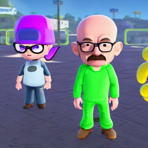 Prompt: walter white in splatoon as an inkling, standing next to an inkling, wide shot, in game screenshot, unreal engine, high definition