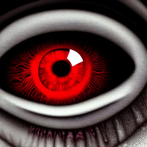 Image similar to a detailed extremely close up of inside the iris, cornea, red image, microscopic, extremely close up drawing by junji ito, cgsociety, generative art, lovecraftian, parallax, cosmic horror, extremely detailed, hyperrealism, unreal engine, octane render, award winning, masterpiece, highly detailed, realistic, 4 k, digital