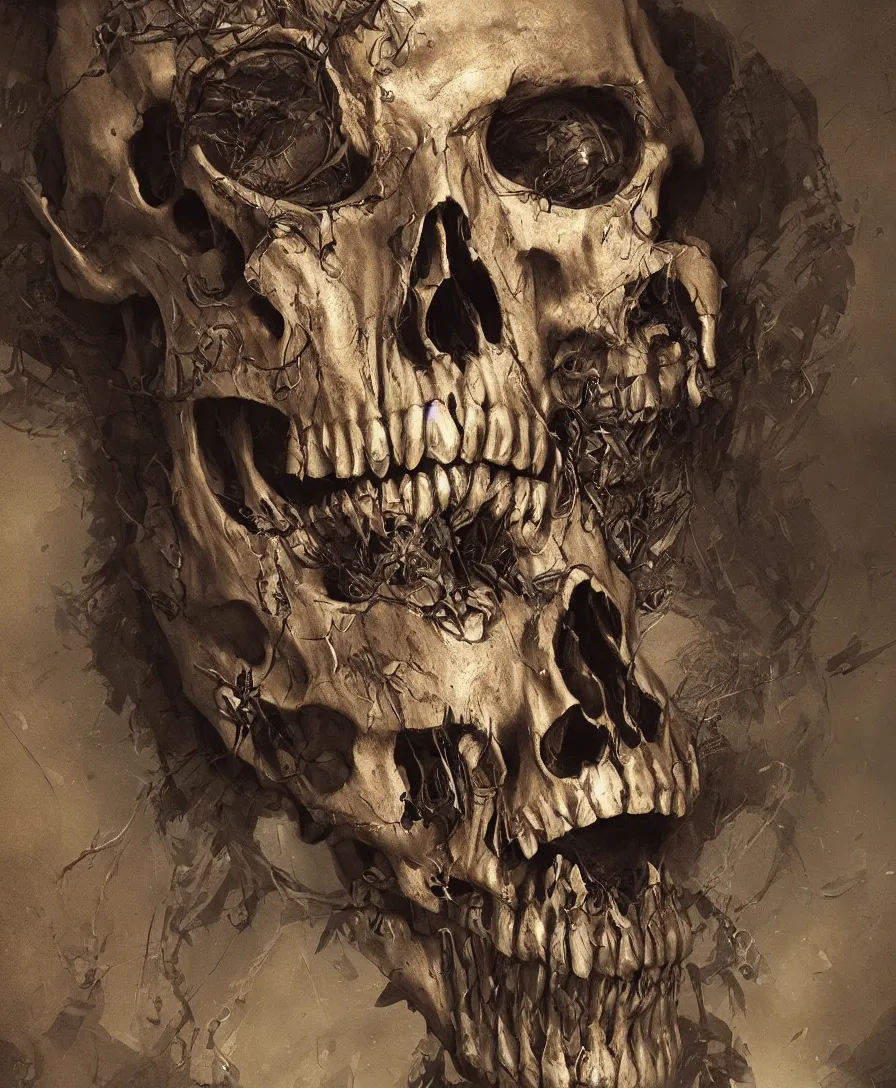 Prompt: close up portrait skull talking, illustrated by simon stalenhag and gaston bussiere, intricate, ultra detailed, photorealistic imagery, trending on artstation, 4 k, 8 k